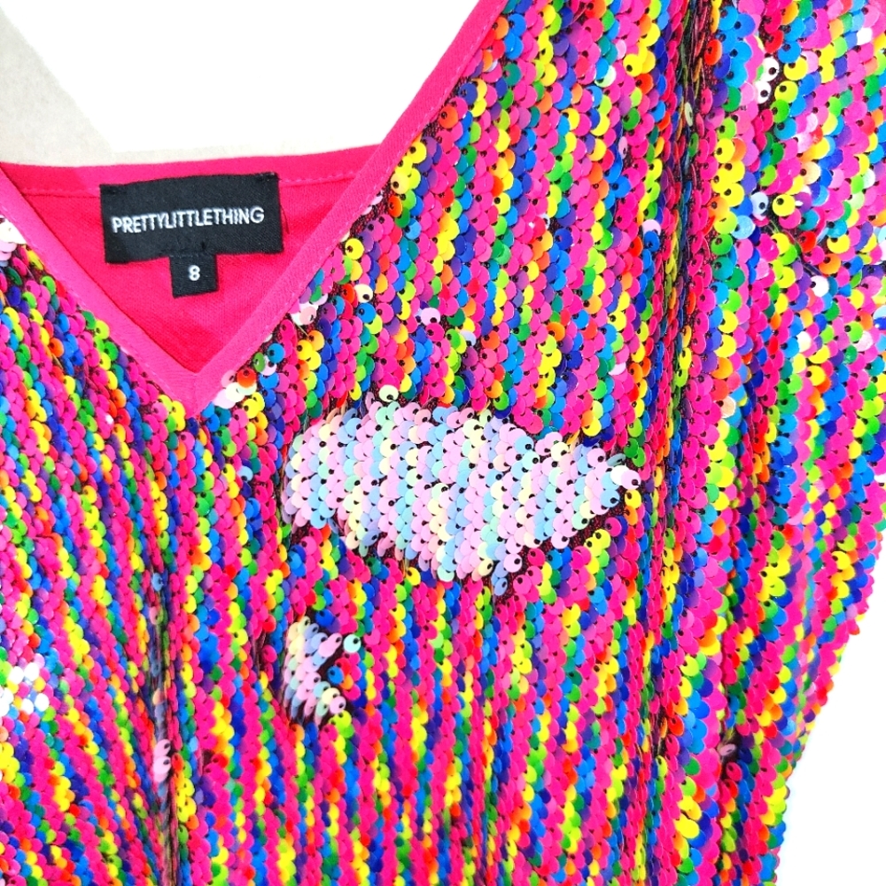 PLT Pretty Little Thing Rainbow Fully Sequin Dress Size UK 8 Pastel Pride Slip - Picture 4 of 9